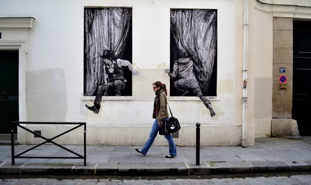 Чарльз Леваль (Charles Leval , или просто Levalet парижский уличный художник, который умело вписывает в городскую среду свои остроумные черно-белые рисунки. искусство / Contemporary